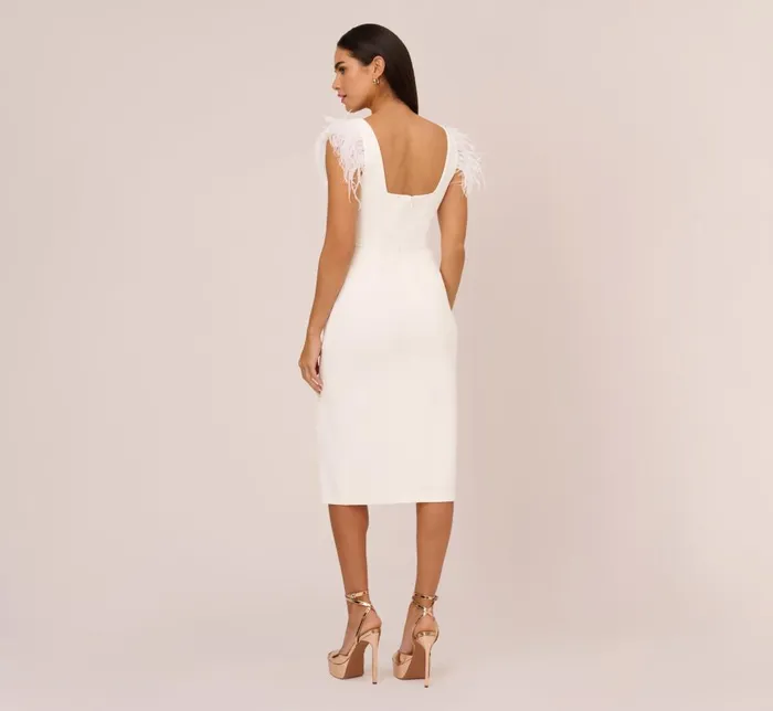 Adrianna Papell PetiteFriendly Knit Crepe Midi Dress With Feather Shoulder Accents In Ivory 8211 Women