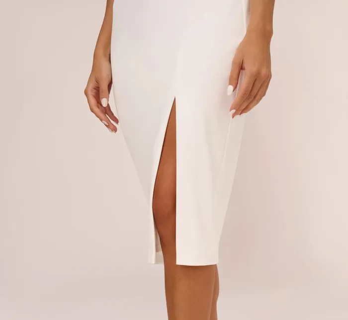 Adrianna Papell PetiteFriendly Knit Crepe Midi Dress With Feather Shoulder Accents In Ivory 8211 Women