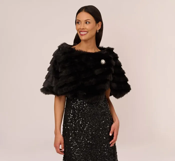 Adrianna Papell Shawls and Wraps Faux Fur Wrap With Stone Brooch In Black 8211 Women