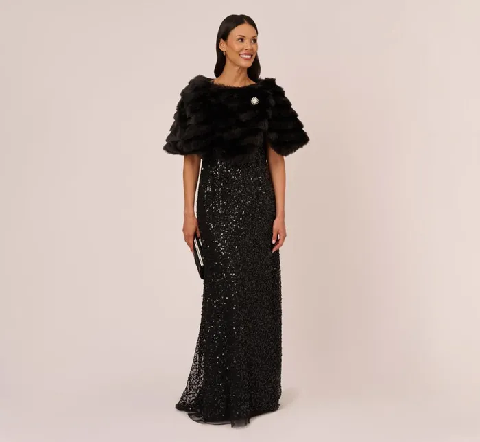 Adrianna Papell Shawls and Wraps Faux Fur Wrap With Stone Brooch In Black 8211 Women