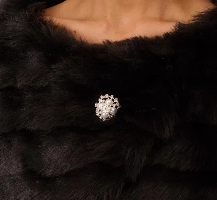 Adrianna Papell Shawls and Wraps Faux Fur Wrap With Stone Brooch In Black 8211 Women