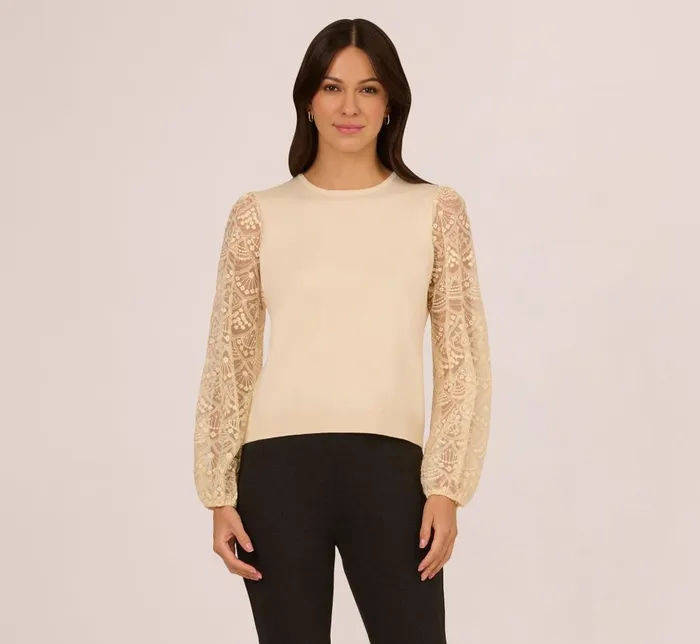Adrianna Papell Sweaters Lace Sleeve Crew Neck Sweater In Cream 8211 Women