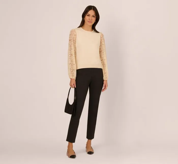 Adrianna Papell Sweaters Lace Sleeve Crew Neck Sweater In Cream 8211 Women