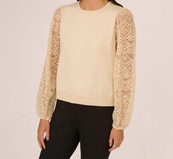 Adrianna Papell Sweaters Lace Sleeve Crew Neck Sweater In Cream 8211 Women
