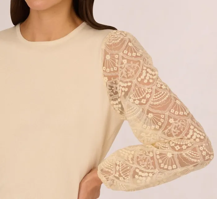 Adrianna Papell Sweaters Lace Sleeve Crew Neck Sweater In Cream 8211 Women