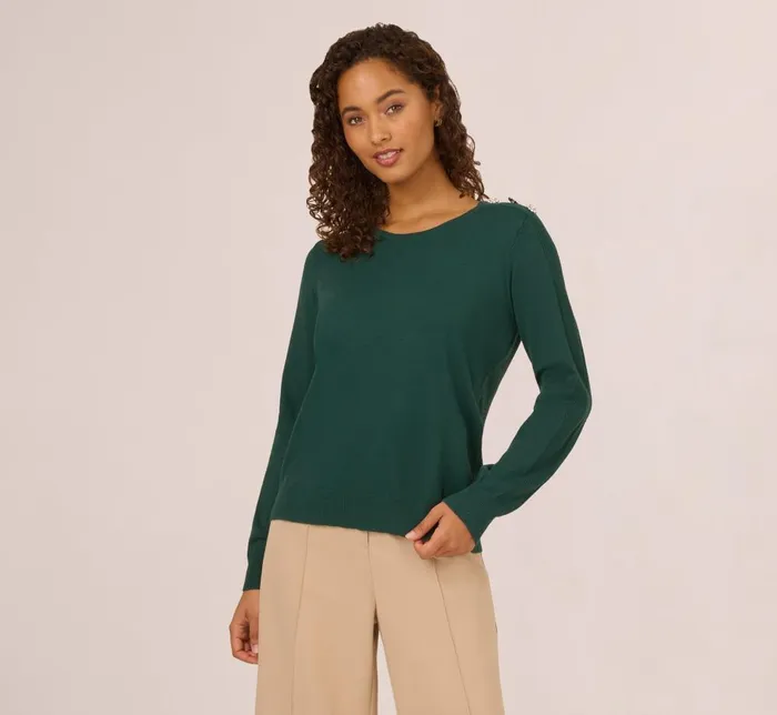 Adrianna Papell Sweaters Ribbed Detail Embellished Pullover Sweater In Deep Forest 8211 Women