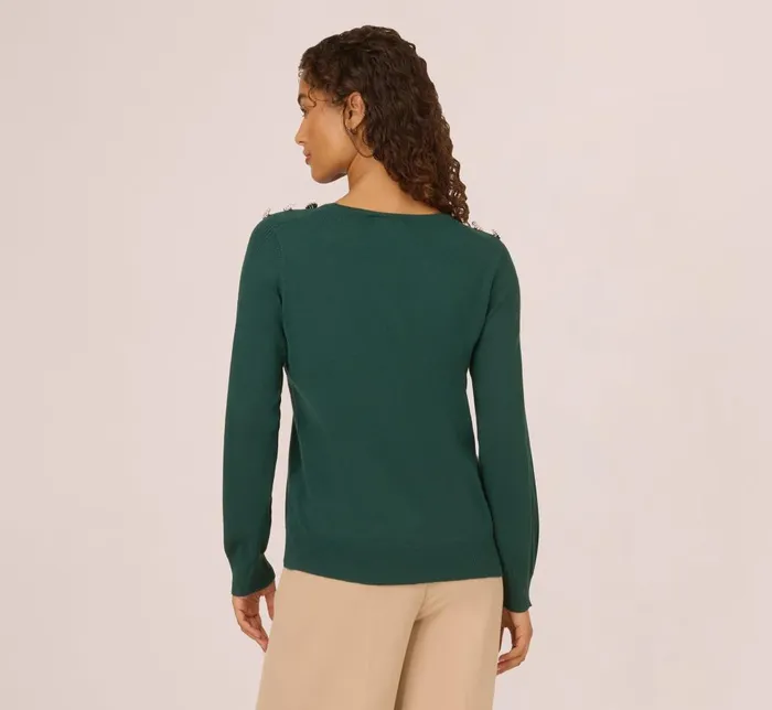 Adrianna Papell Sweaters Ribbed Detail Embellished Pullover Sweater In Deep Forest 8211 Women