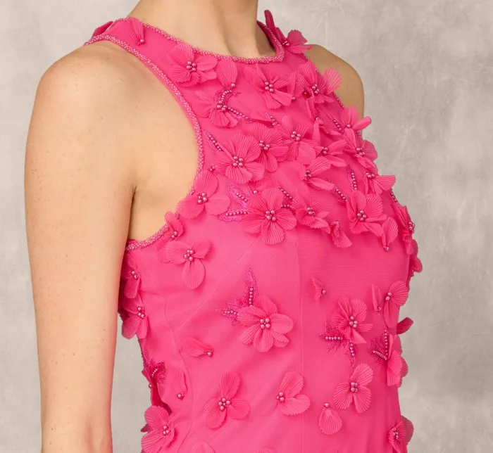 Adrianna Papell Wedding Guest Dresses 3d Floral And Bead Embellished Midi Dress With Flounce Skirt In Electric Pink 8211 Women