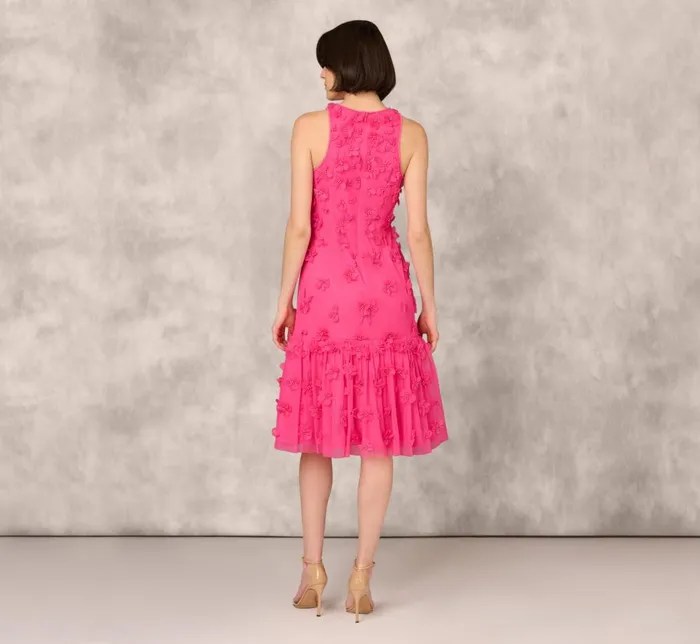 Adrianna Papell Wedding Guest Dresses 3d Floral And Bead Embellished Midi Dress With Flounce Skirt In Electric Pink 8211 Women