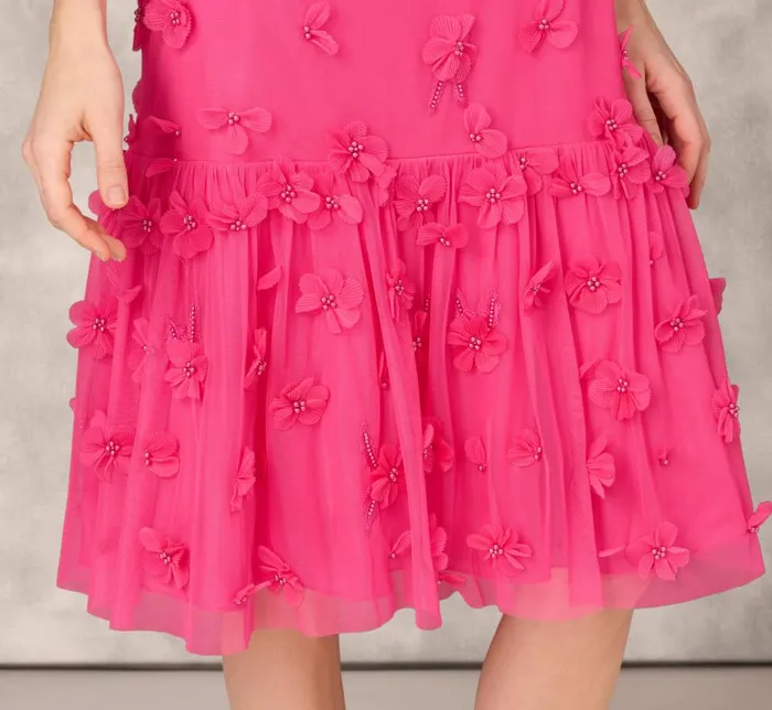 Adrianna Papell Wedding Guest Dresses 3d Floral And Bead Embellished Midi Dress With Flounce Skirt In Electric Pink 8211 Women