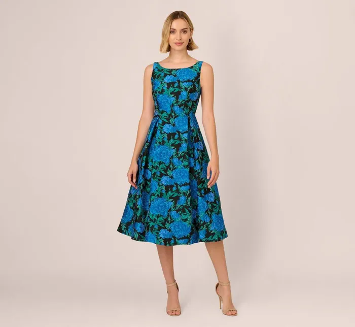 Adrianna Papell Wedding Guest Dresses Boat Neck Jacquard Midi Dress In Blue Green 8211 Women Adrianna Papell Wedding Guest Dresses Boat Neck Jacquard Midi Dress In Blue Green 8211 Women