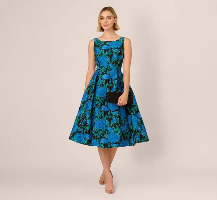 Adrianna Papell Wedding Guest Dresses Boat Neck Jacquard Midi Dress In Blue Green 8211 Women