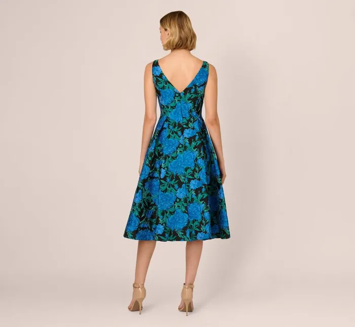 Adrianna Papell Wedding Guest Dresses Boat Neck Jacquard Midi Dress In Blue Green 8211 Women
