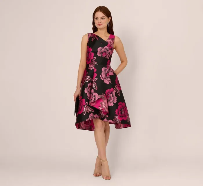 Adrianna Papell Wedding Guest Dresses Floral Jacquard High Low Midi Dress With Asymmetrical Neckline In Black Pink 8211 Women