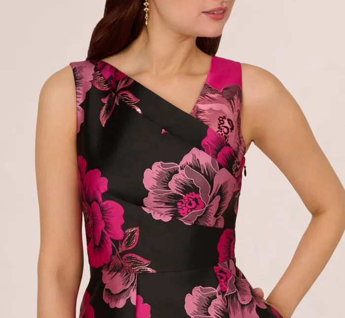 Adrianna Papell Wedding Guest Dresses Floral Jacquard High Low Midi Dress With Asymmetrical Neckline In Black Pink 8211 Women