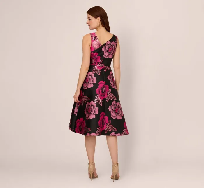 Adrianna Papell Wedding Guest Dresses Floral Jacquard High Low Midi Dress With Asymmetrical Neckline In Black Pink 8211 Women