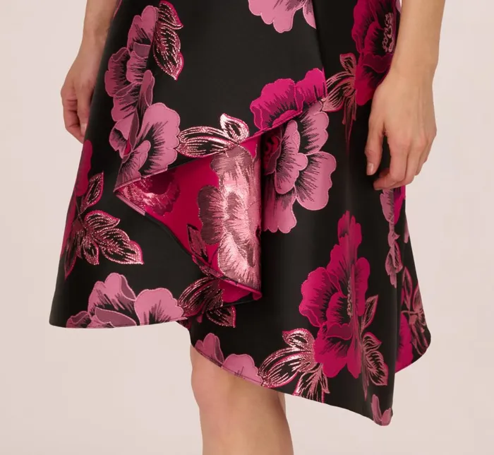 Adrianna Papell Wedding Guest Dresses Floral Jacquard High Low Midi Dress With Asymmetrical Neckline In Black Pink 8211 Women