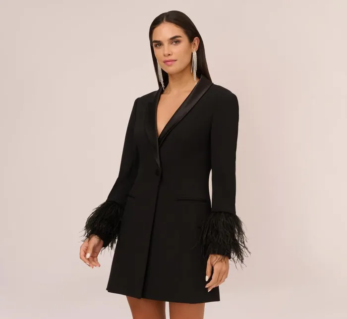 Adrianna Papell Wedding Guest Dresses Knit Crepe Long Sleeve Blazer Dress With Feather Trim In Black 8211 Women Adrianna Papell Wedding Guest Dresses Knit Crepe Long Sleeve Blazer Dress With Feather Trim In Black 8211 Women