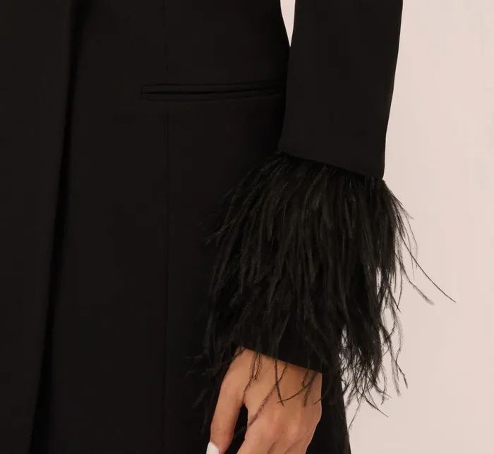 Adrianna Papell Wedding Guest Dresses Knit Crepe Long Sleeve Blazer Dress With Feather Trim In Black 8211 Women