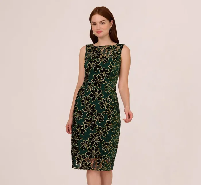Adrianna Papell Wedding Guest Dresses Metallic Floral Lace Midi Dress With Illusion Neckline In Hunter Gold 8211 Women Adrianna Papell Wedding Guest Dresses Metallic Floral Lace Midi Dress With Illusion Neckline In Hunter Gold 8211 Women