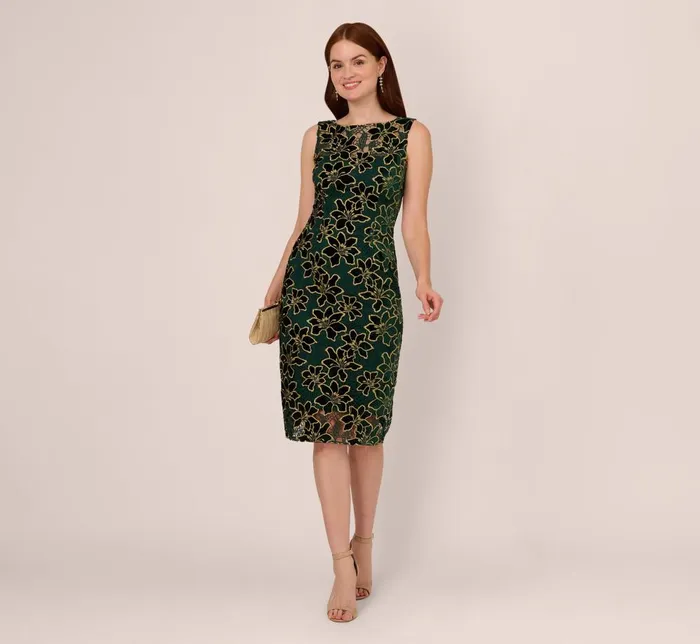 Adrianna Papell Wedding Guest Dresses Metallic Floral Lace Midi Dress With Illusion Neckline In Hunter Gold 8211 Women