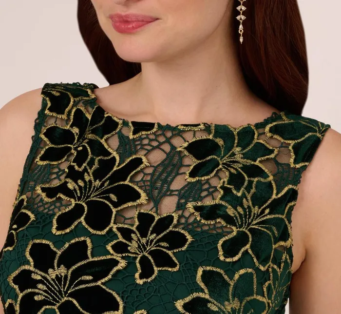 Adrianna Papell Wedding Guest Dresses Metallic Floral Lace Midi Dress With Illusion Neckline In Hunter Gold 8211 Women