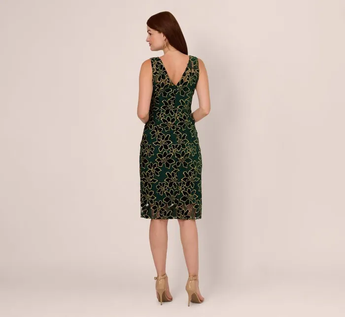 Adrianna Papell Wedding Guest Dresses Metallic Floral Lace Midi Dress With Illusion Neckline In Hunter Gold 8211 Women