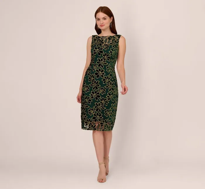 Adrianna Papell Wedding Guest Dresses Metallic Floral Lace Midi Dress With Illusion Neckline In Hunter Gold 8211 Women