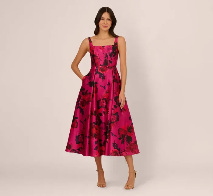 Adrianna Papell Wedding Guest Dresses Sleeveless Fit And Flare Rose Jacquard Ankle Length Dress In Pink Multi 8211 Women