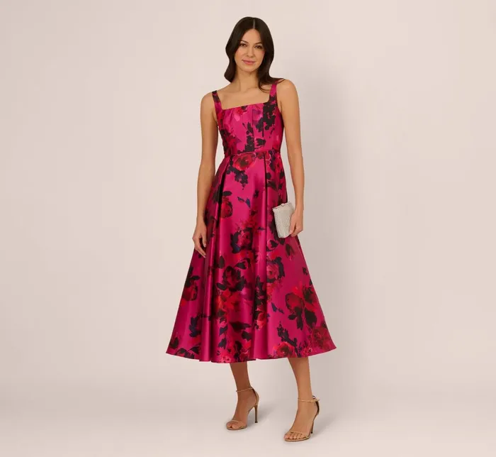 Adrianna Papell Wedding Guest Dresses Sleeveless Fit And Flare Rose Jacquard Ankle Length Dress In Pink Multi 8211 Women