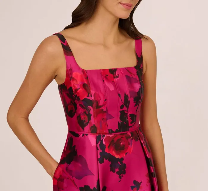 Adrianna Papell Wedding Guest Dresses Sleeveless Fit And Flare Rose Jacquard Ankle Length Dress In Pink Multi 8211 Women