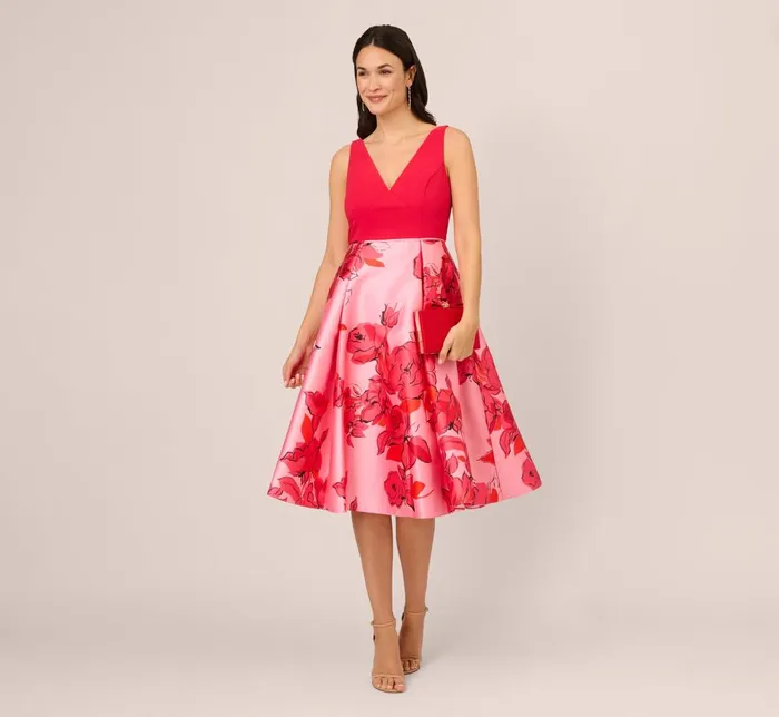 Adrianna Papell Wedding Guest Dresses Sleeveless Midi Dress With Floral Printed Mikado Skirt In Pink Red Multi 8211 Women