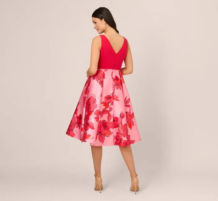 Adrianna Papell Wedding Guest Dresses Sleeveless Midi Dress With Floral Printed Mikado Skirt In Pink Red Multi 8211 Women