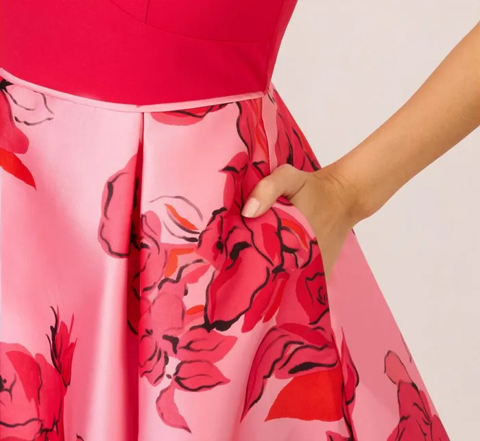 Adrianna Papell Wedding Guest Dresses Sleeveless Midi Dress With Floral Printed Mikado Skirt In Pink Red Multi 8211 Women