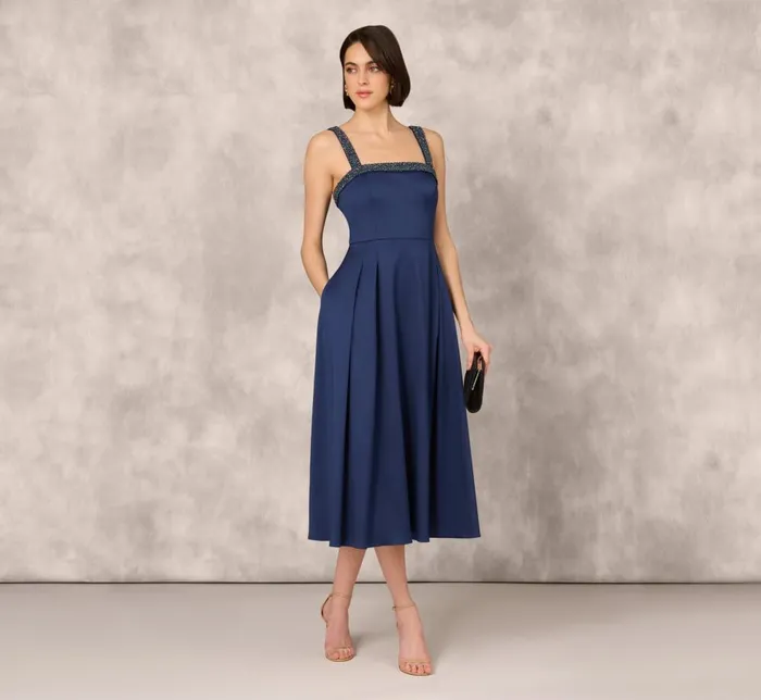 Adrianna Papell Wedding Guest Dresses Stretch Mikado Midi Dress With Beaded Neckline And Straps In Navy 8211 Women