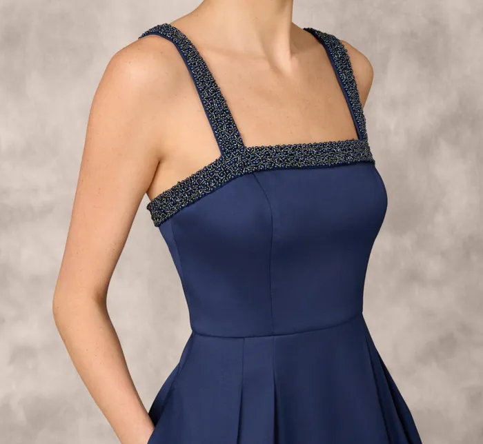 Adrianna Papell Wedding Guest Dresses Stretch Mikado Midi Dress With Beaded Neckline And Straps In Navy 8211 Women