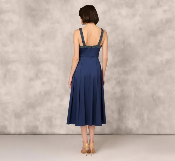 Adrianna Papell Wedding Guest Dresses Stretch Mikado Midi Dress With Beaded Neckline And Straps In Navy 8211 Women