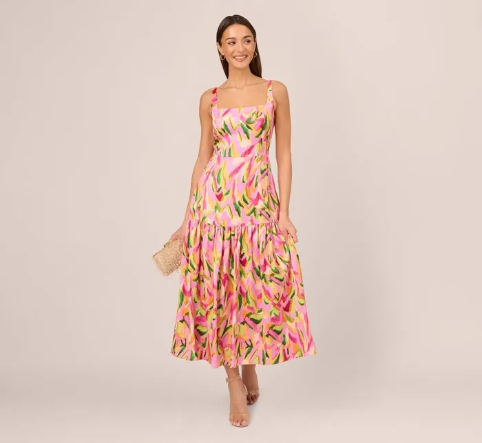 Adrianna Papell Wedding Guest Dresses Tropical Print Satin Ankle Length Dress With Tiered Skirt In Pink Multi 8211 Women