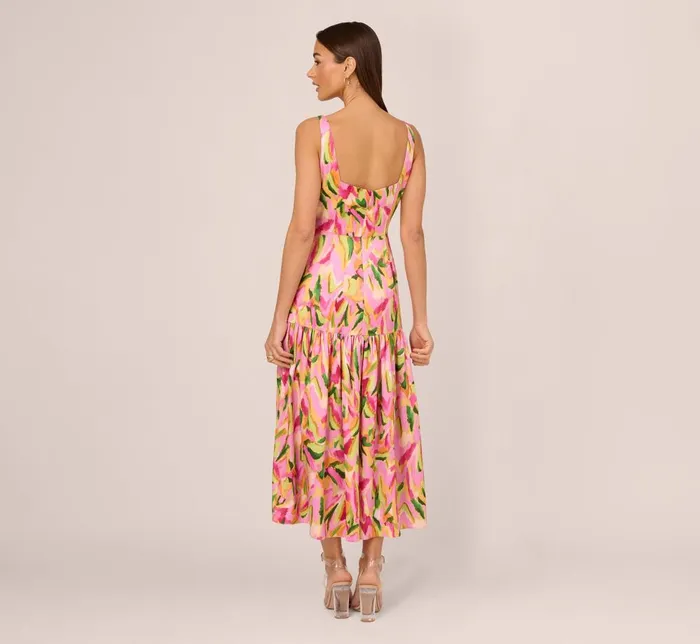 Adrianna Papell Wedding Guest Dresses Tropical Print Satin Ankle Length Dress With Tiered Skirt In Pink Multi 8211 Women