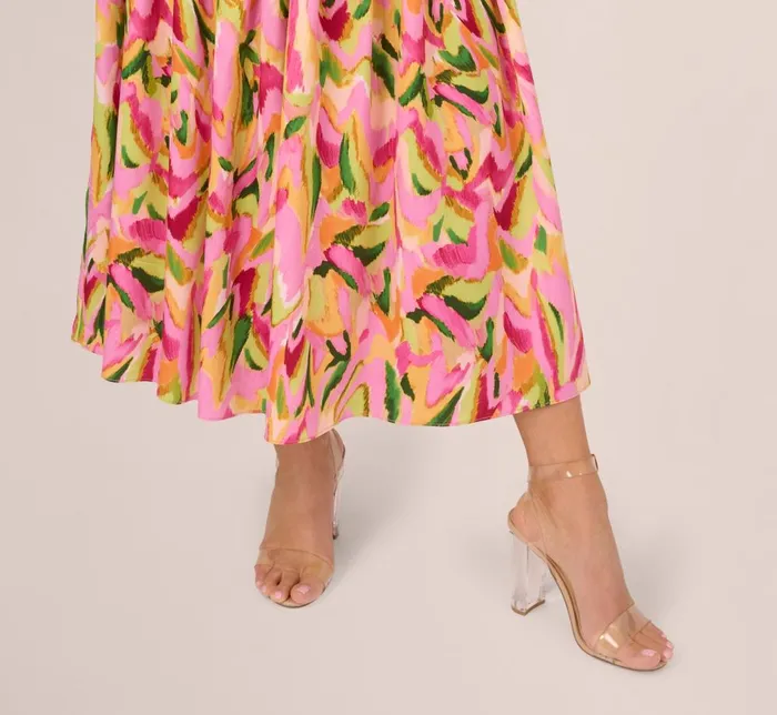 Adrianna Papell Wedding Guest Dresses Tropical Print Satin Ankle Length Dress With Tiered Skirt In Pink Multi 8211 Women