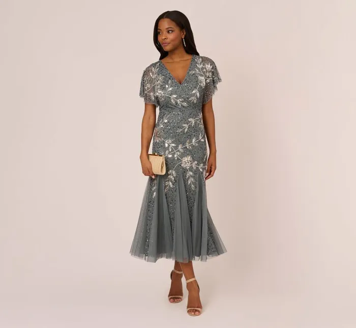 Adrianna Papell Wedding Guest Dresses Vine Beaded Ankle Length Gown With Flutter Sleeves In Pewter Silver 8211 Women