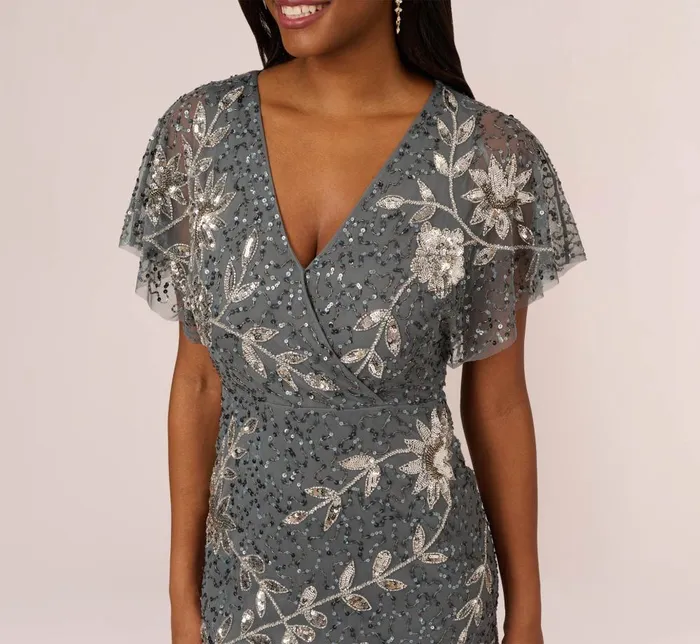 Adrianna Papell Wedding Guest Dresses Vine Beaded Ankle Length Gown With Flutter Sleeves In Pewter Silver 8211 Women