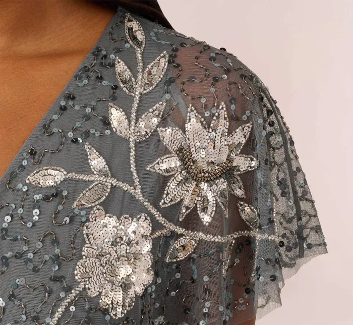 Adrianna Papell Wedding Guest Dresses Vine Beaded Ankle Length Gown With Flutter Sleeves In Pewter Silver 8211 Women