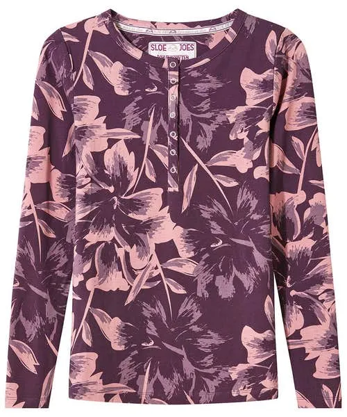 Apparel Sloe Joes Floral Henley Purple Tops Tunics and Blouses Joebrowns