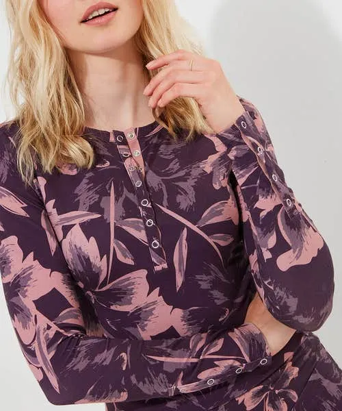 Apparel Sloe Joes Floral Henley Purple Tops Tunics and Blouses Joebrowns