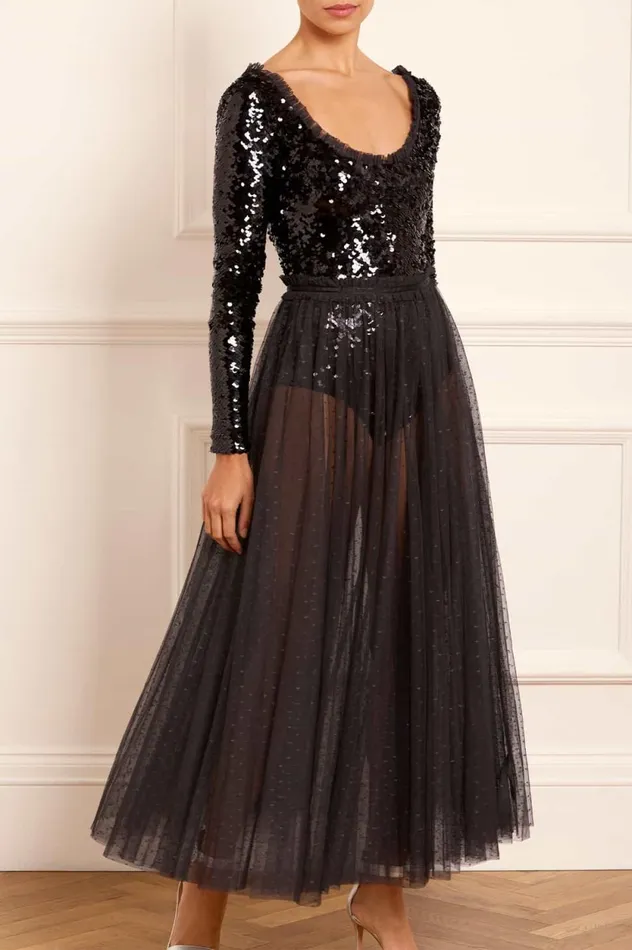 Ballet Sequin Bodysuit Ankle Gown Black Women Needle and Thread Dresses