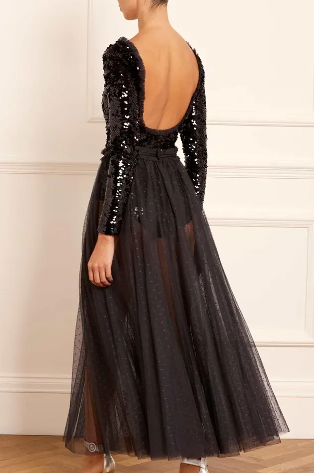 Ballet Sequin Bodysuit Ankle Gown Black Women Needle and Thread Dresses