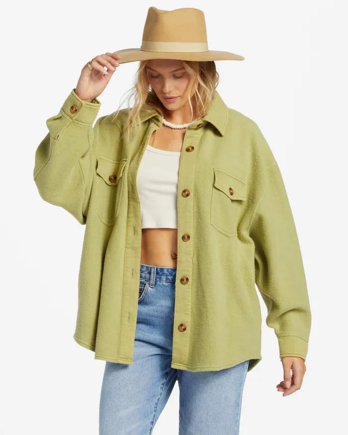 Billabong Sweatshirts and Fleece Anytime Shacket Oversized ButtonThrough Jacket Avocado 8211 Women