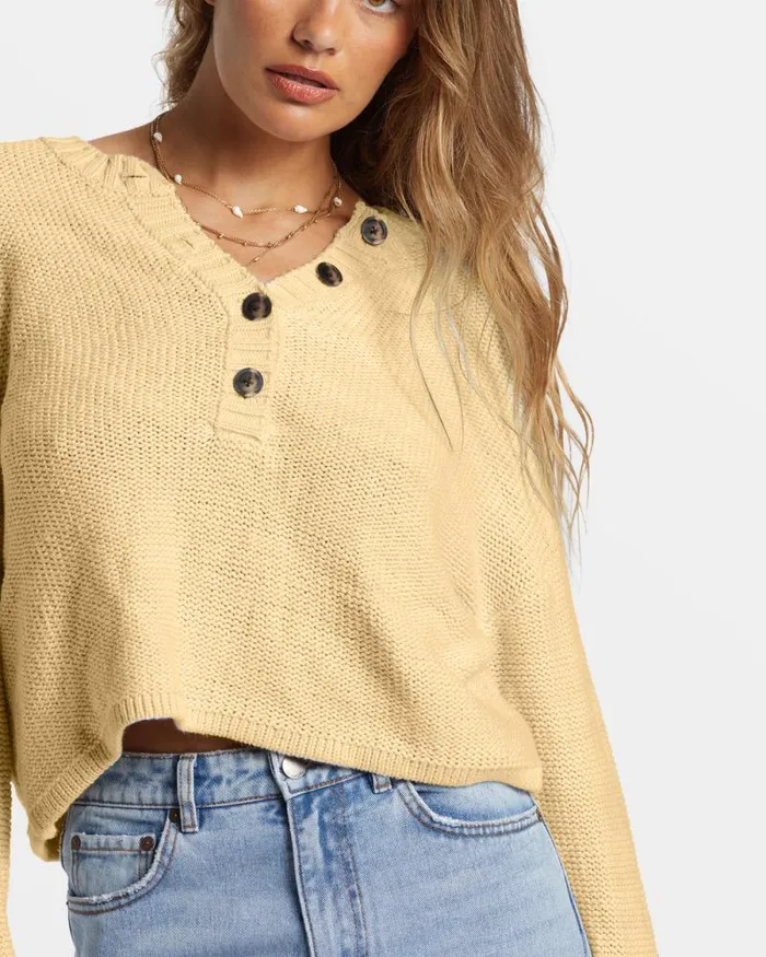 Billabong Sweatshirts and Fleece Shallow Waters Henley Sweater Retro Yellow 8211 Women