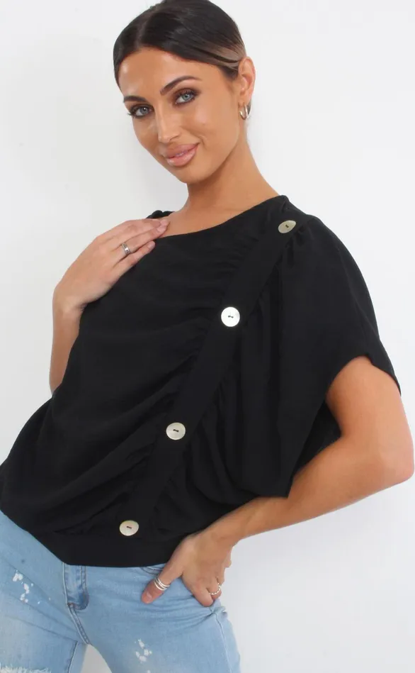 Black Button Oversized Batwing Top Women Missfiga Tops